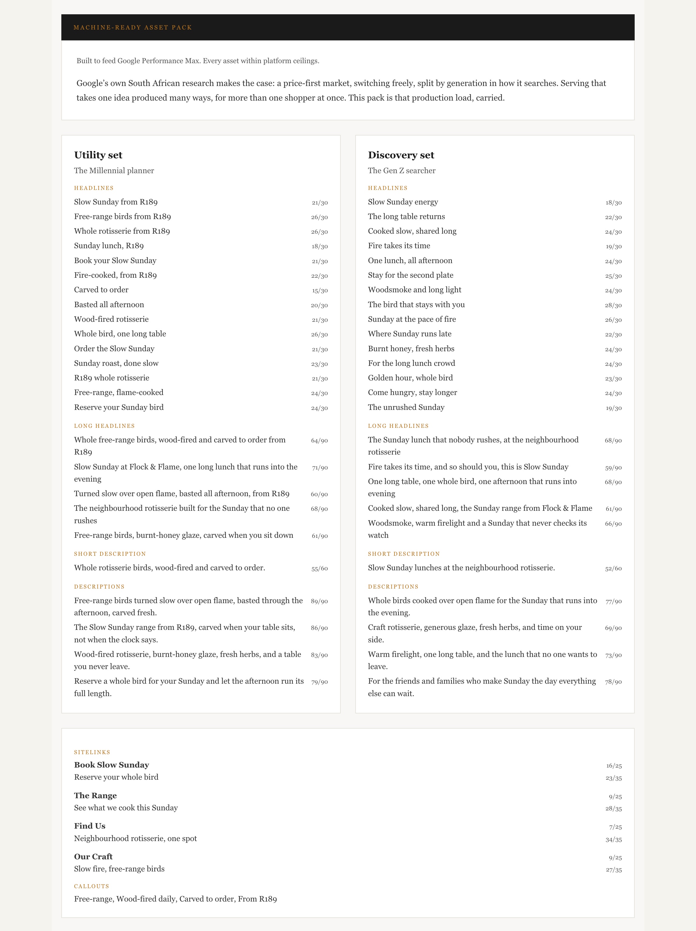 A machine-ready asset pack built to feed Google Performance Max, every asset inside its platform character ceiling